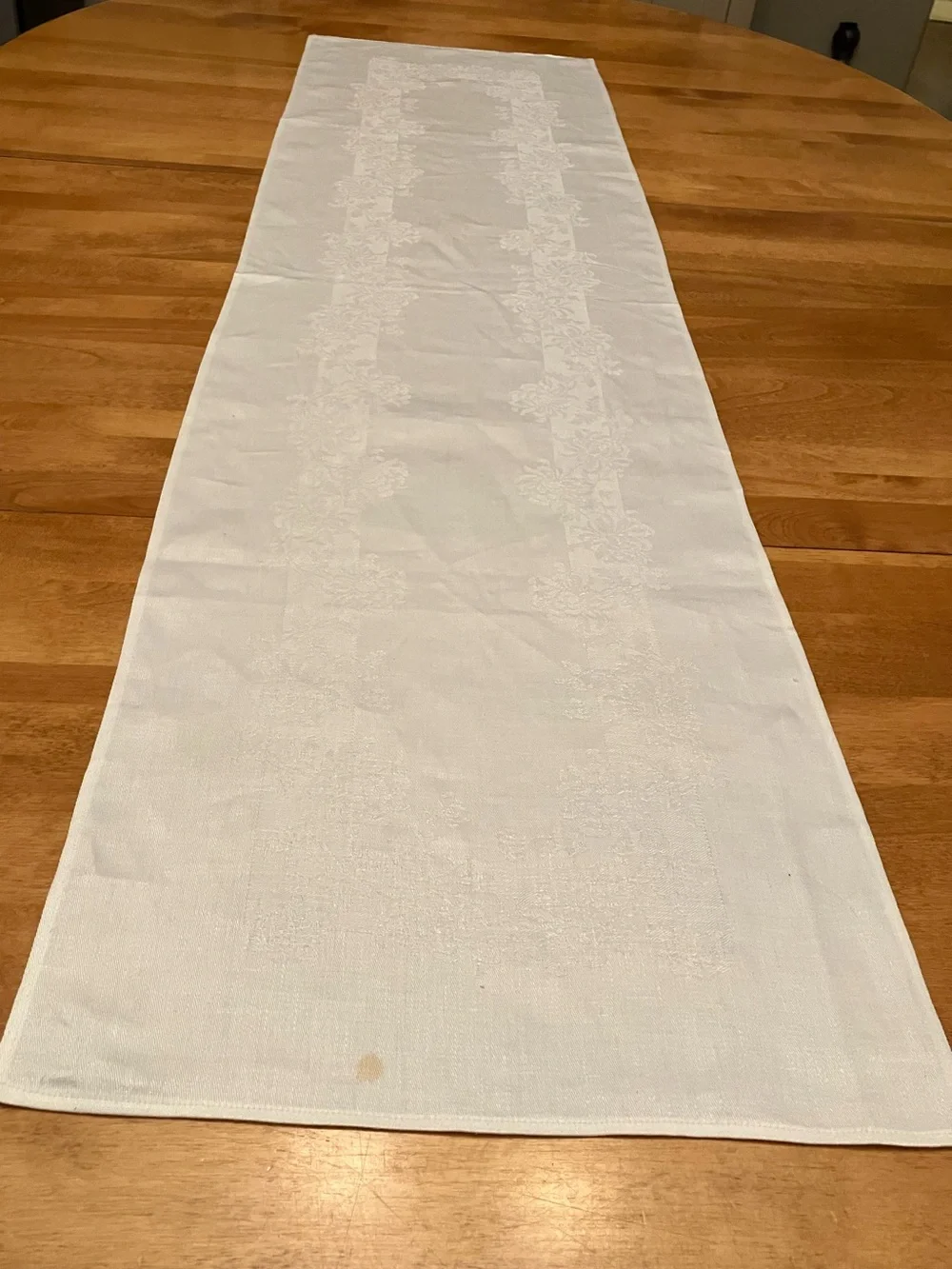 Vintage 100% Irish Linen Double Damask Table Runner White Floral, 45” x 12.25”
